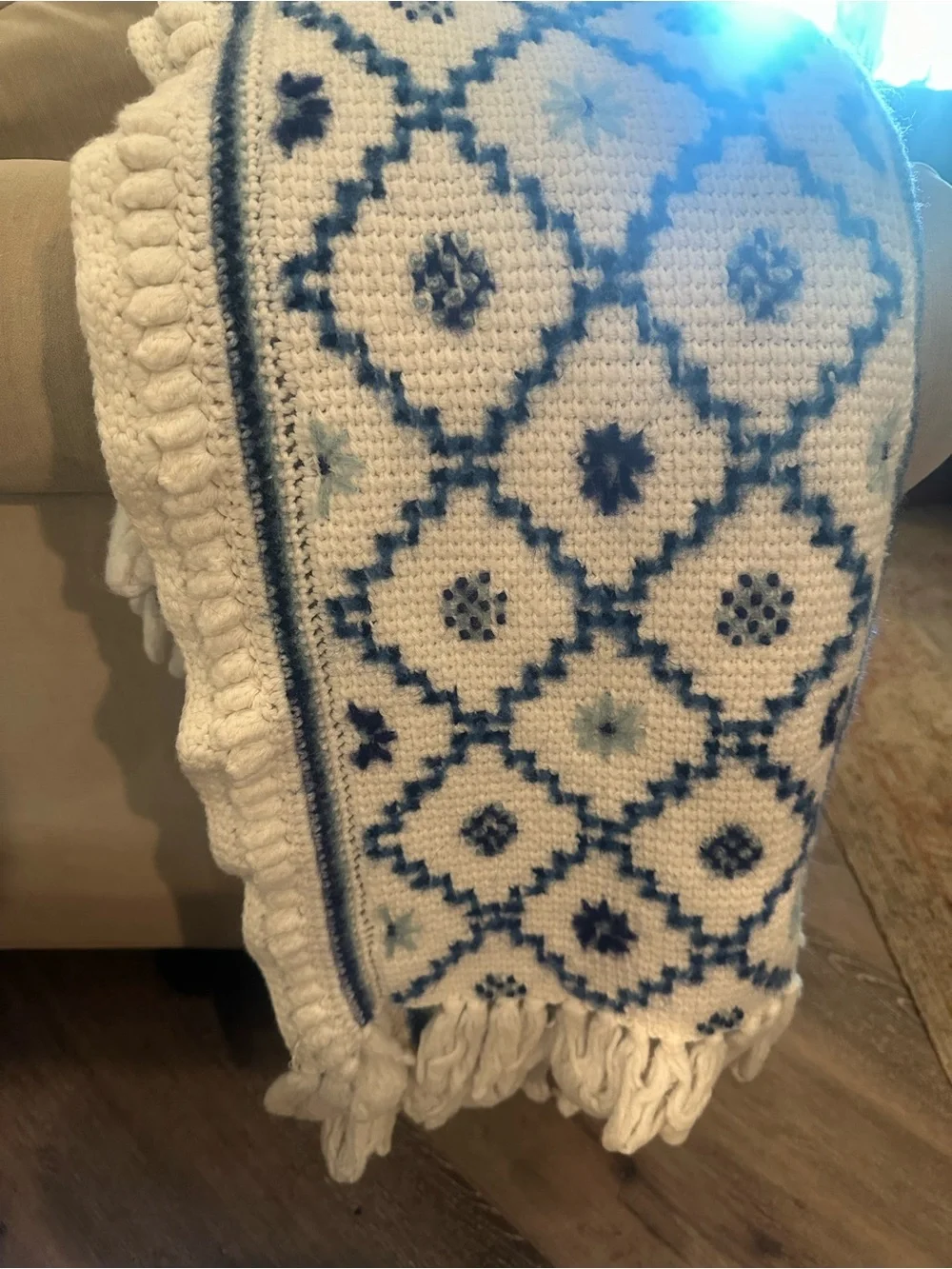 Handmade Cream and Blue Crochet Throw Blanket